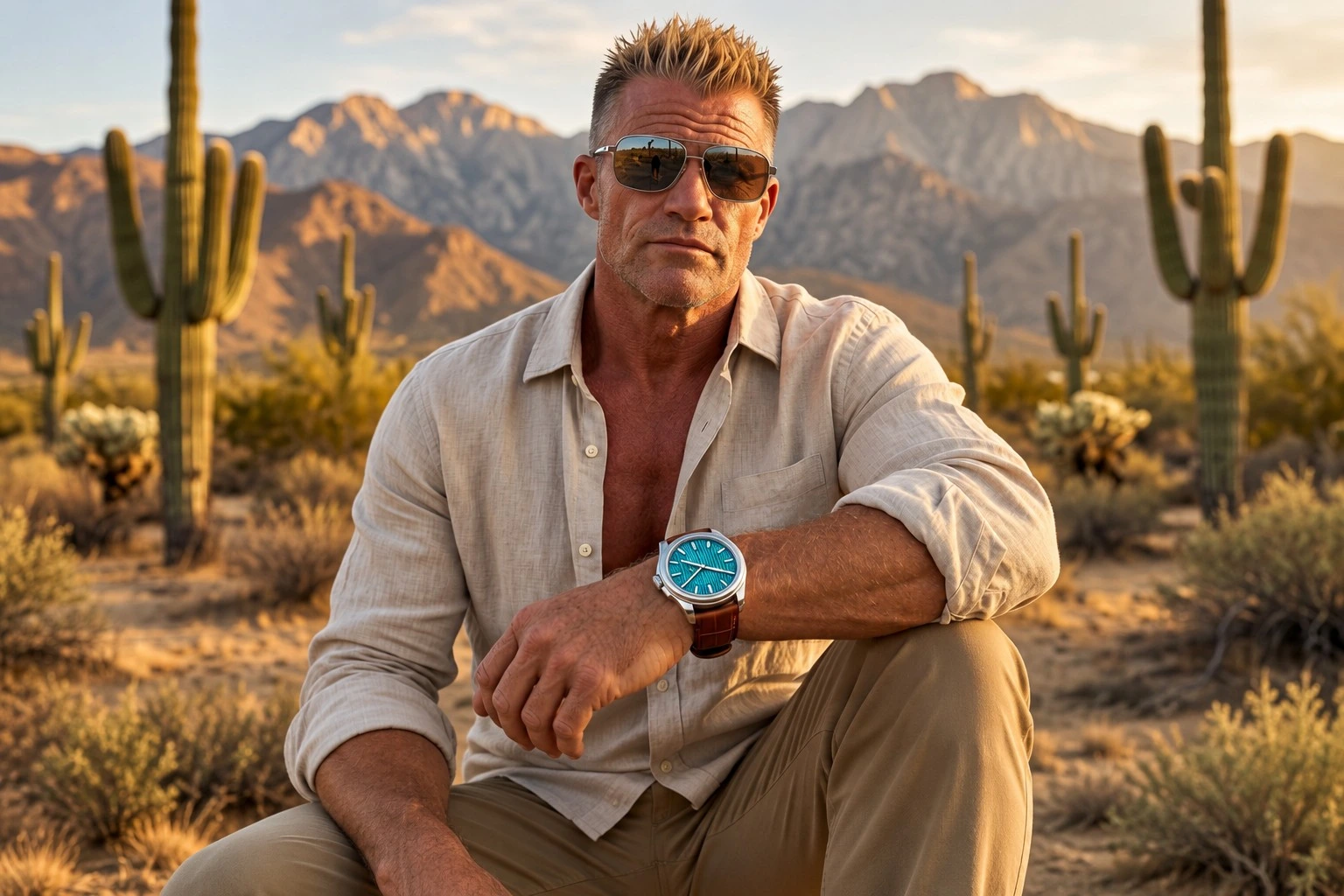 BRENDANNO seated in a desert landscape with mountains and cacti at golden hour